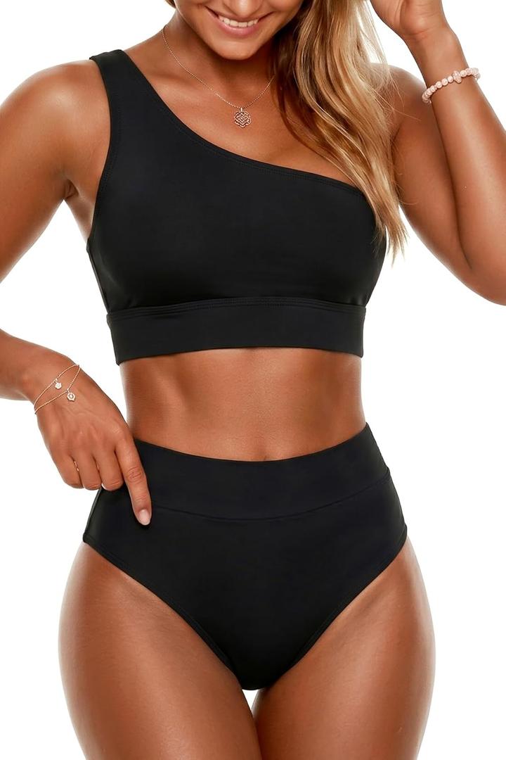Holipick Women One Shoulder High Waisted Bikini Set Two Piece Tummy Control Swimsuits Full Coverage Bathing Suit, XL