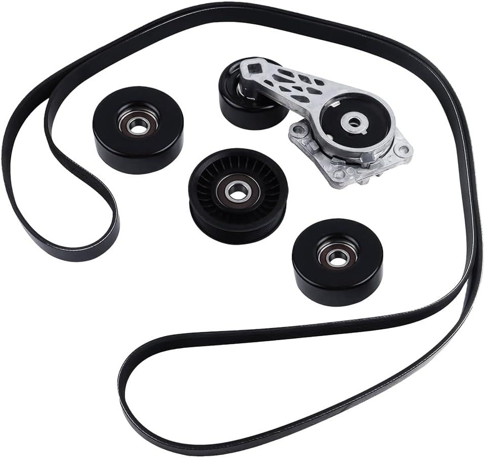 FIT Ford F150 F250 F350 Expedition Explorer, Lincoln Navigator Serpentine Belt Kit with Tensioner and Idler Pulleys, 6-Rib Drive Belt Component Set, Replaces 90K-38274A 38274 K061025, 5-Pack