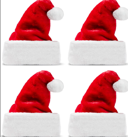 4 PCS Christmas Santa Hats Plush Red Velvet Christmas Hats for Holiday Party Presents Supplies XMAS for Adults and Kids
