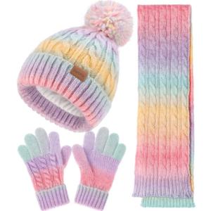 Remifa Kids Winter Hat Scarf Gloves Set, Girls Boys Toddler 8% Wool Warm Fleece Beanie Knit Neck Scarf Mittens Christmas Gift