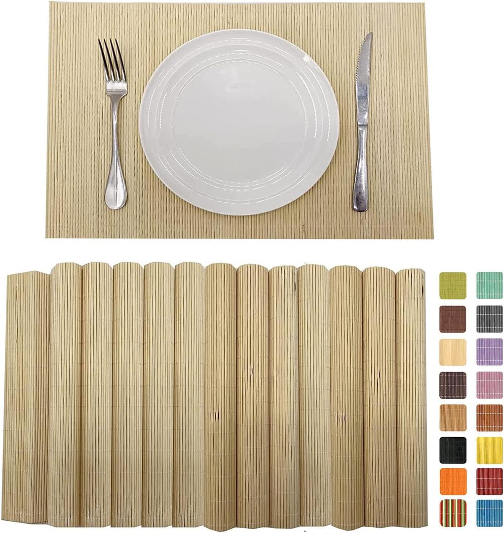 Set of 12 Pcs Bamboo Placemats Sushi Rolling Mat Japanese Style Natural Anti-Slip Bamboo Placemats Washable Heat-Resistant Table Mats for Dining Room and Kitchen Natural Color