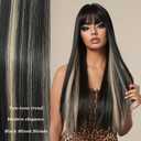 2 x Black with Blonde Wigs for Women, Long Straight Stripes Color Wigs with Bangs, Natural Looking Soft Synthetic Fiber Wig for Daily Party
