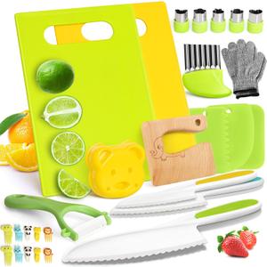 Suhctuptx Pack of 28 Toddler Knife Set - Kids Knifes for Real Cooking, Wooden Kids Kitchen Knife Set with Gloves Cutting Board Crinkle Cutters Kid Safe Knives, Toddlers Kitchen Tools