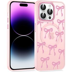 Pink Cute Bow Phone Case for iPhone 16 Pro 6.3", Compatible with MagSafe, Ribbon Bowknot Pattern Print Design Magnetic Case for Women Girls Soft TPU Hard PC Back Shockproof Funda Cover