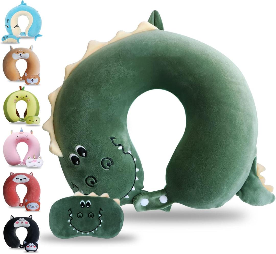 Sexysamba Cartoon Headrest & Neck Pillow for Kids Boys & Girls, Teens, Travel Accessories for Airplane, Car, Recline, Memory Foam Cute Travel Pillow with Sleep Eye Mask - Dinosaur