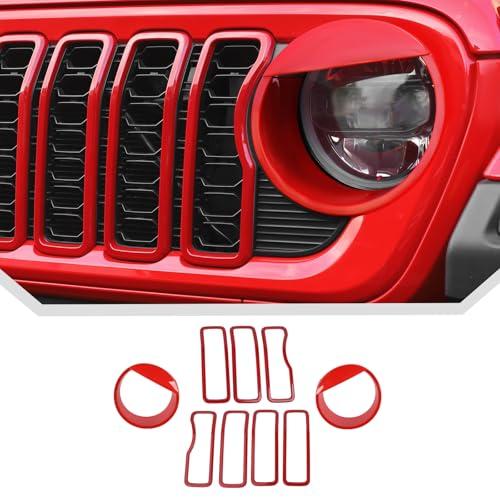 JeCar 9pcs Red Headlight Covers & Grill Inserts Trim Kit for 2024 2025+ Jeep Wrangler JL JLU Gladiator JT
