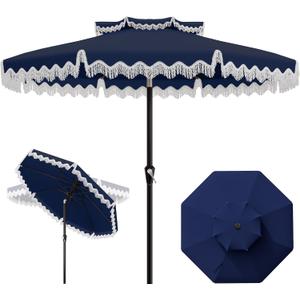 AreShark 9FT Patio Umbrella with Fringe, Wind-Resistant Fiberglass 8 Ribs Tassel Outdoor Umbrella with Crank and Push Button Tilt, Double Tier Vent Sun Shade for Pool, Deck, Backyard, Navy