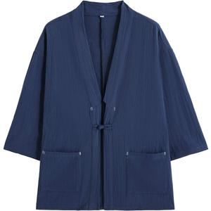 PRIJOUHE Men's Japanese Kimono Jacket Cardigan Yukata Noragi Casual Fashion Seven Sleeves Lightweight Open Front Coat (Large, 21-navy)