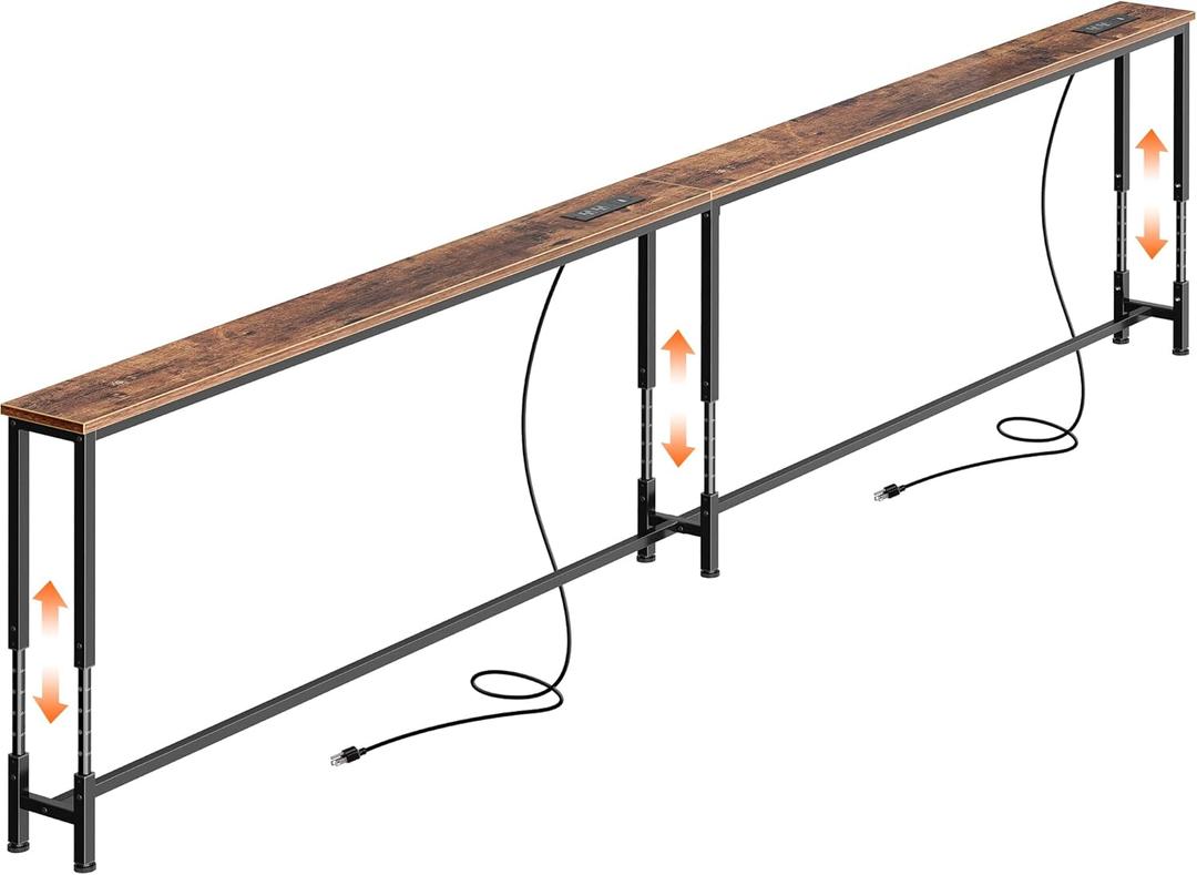 Huuger 110.2 Inch Sofa Table with Power Outlets, 23.9-34.4 Height Adjustable Range, Behind Couch Table with USB-C Ports, Sofa Tables Narrow Long, Skinny Console Table, Small Spaces, Rustic Brown