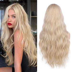 Lady Miranda Long Platinum Blonde Wig 28 Inch Natural Wavy Blonde Wig Middle Part Blonde Lace Wig Synthetic Hair Blonde Wigs for White Women (1-Fairy Blonde)