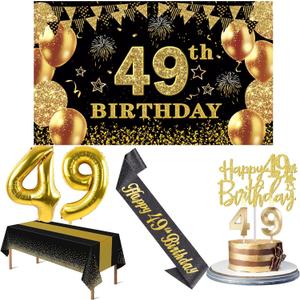 49th Birthday Decorations Men Women with 49th Birthday Banner, Black and Gold Table Cloth, Number Balloons, Large Sash, Cake Topper and Candles