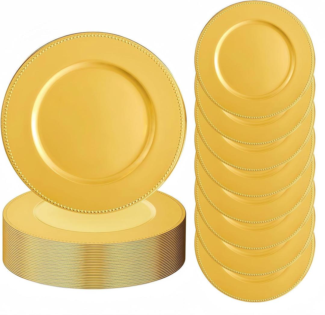 100PCS Gold Charger Plates, 13" Round Vintage Table Decoration, Reusable Round Gold Placemats for Kitchen Banquet Table Setting Wedding Birthday Dinner Party Decor, Bead Rim