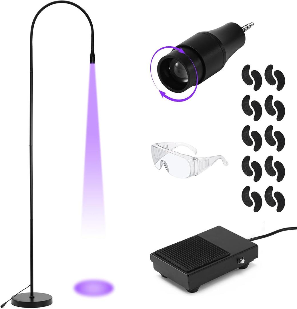 MYSWEETY UV Lash Light for Light Curing UV Eyelash Glue, 5W LED Eyelash Extensions Nail Tech Glue Lamp with Foot Pedal Control, Glue Cured in 2-3 Seconds, 10 Eye Patch+Goggles, Adjustable Spot Size