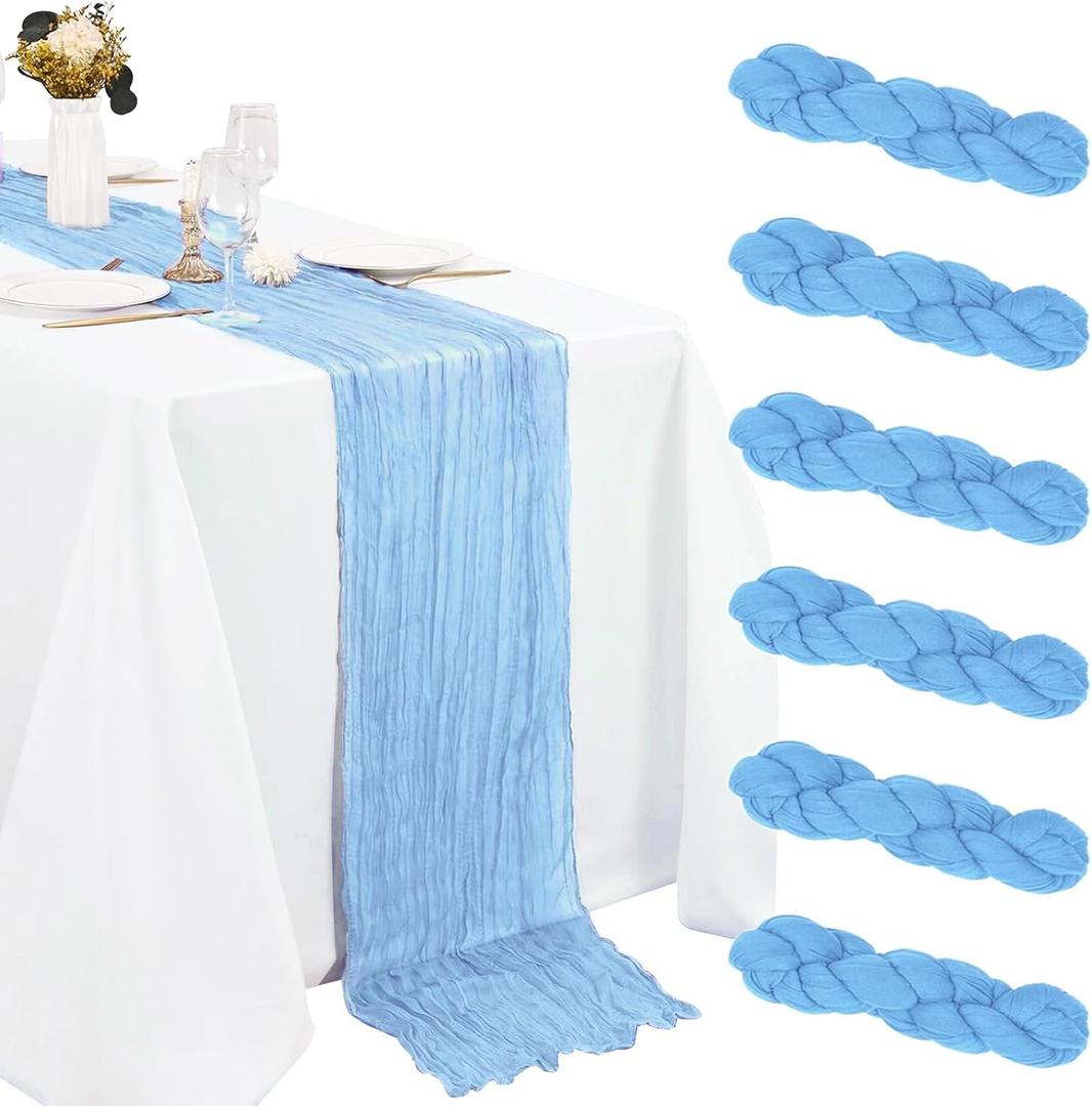 6 Pack Cheesecloth Table Runner 20 x 120 Inch Baby Blue Boho Gauze Cheese Cloth Table Runners 10 FT Long Rustic Sheer Table Decorations for Wedding Party Baby Bridal Shower Birthday Holiday Home
