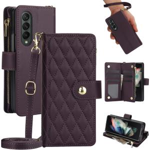 Asuwish Phone Case for Samsung Galaxy Z Fold 3 5G 2021 with Zipper Wallet Cover Card Holder Slot Stand Flip Wrist Strap Mobile Cell Accessories ZFold3 Z3 Fold3 ZFold 3Z ZFold35G Women Men Dark Purple