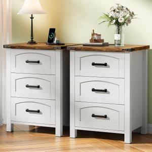 Decofy Farmhouse Nightstand Set of 2 with Charging Station, 18'' Wide Rustic End Table with USB/Type-C Ports, 3 Drawers, Wood Bedside Table for Bedroom, White, 2 Pack