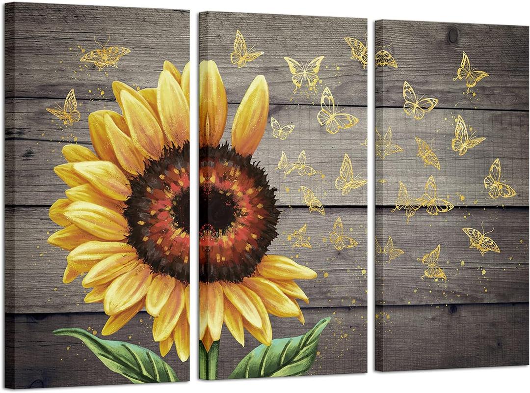 Artsbay Sunflower Wall Decor Sunflower Kitchen Decor Yellow Flower Butterfly Picture Print for Living Room Bedroom 48" W x 32" H x 3PC