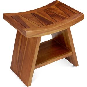 TeakCraft Teak Shower Stool with Shelf  Water Resistant, Non-Slip Premium Indonesian Teak Wood Bath Seat Bench for Shower  Fully Assembled Wood Spa Bath Organizer Seat with Leveling Feet, The Randi