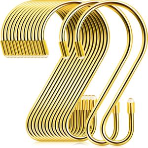 Hotop 36 Pcs S Hooks for Hanging 3.15 Inch Heavy Duty S Shaped Stainless Steel Hook Metal Hanging Curtain Hooks Pan Pot Holder Rack for Pot, Pan, Cups, Plants, Bags, Jeans, Towels(Gold)