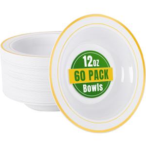 bUCLA 60 Pack Plastic Bowls with Gold Rim - 12 oz Plastic Soup Bowls Disposable for Wedding, Party, Gathering & Thanksgiving