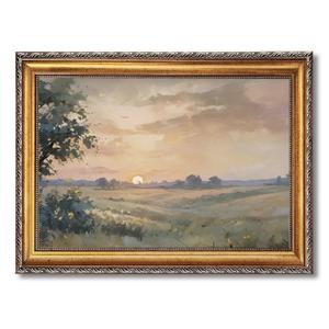 Vintage Sunset Landscape Framed Wall Art Autumn Fields Oil Painting Poster Rustic Horizontal Nature Countryside Scene Canvas Prints Home Interior Decor for Living Room Bedroom 36x24inch