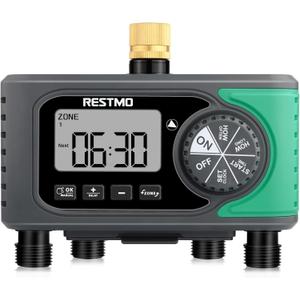 RESTMO 4-Outlet Sprinkler Timer with Brass Inlet, 4 Zone Programmable Water Timer for Garden Hose, Automatic Digital Control | Manual ON/Off | Rain Delay, for Outdoor Faucet, Drip Irrigation and Lawn