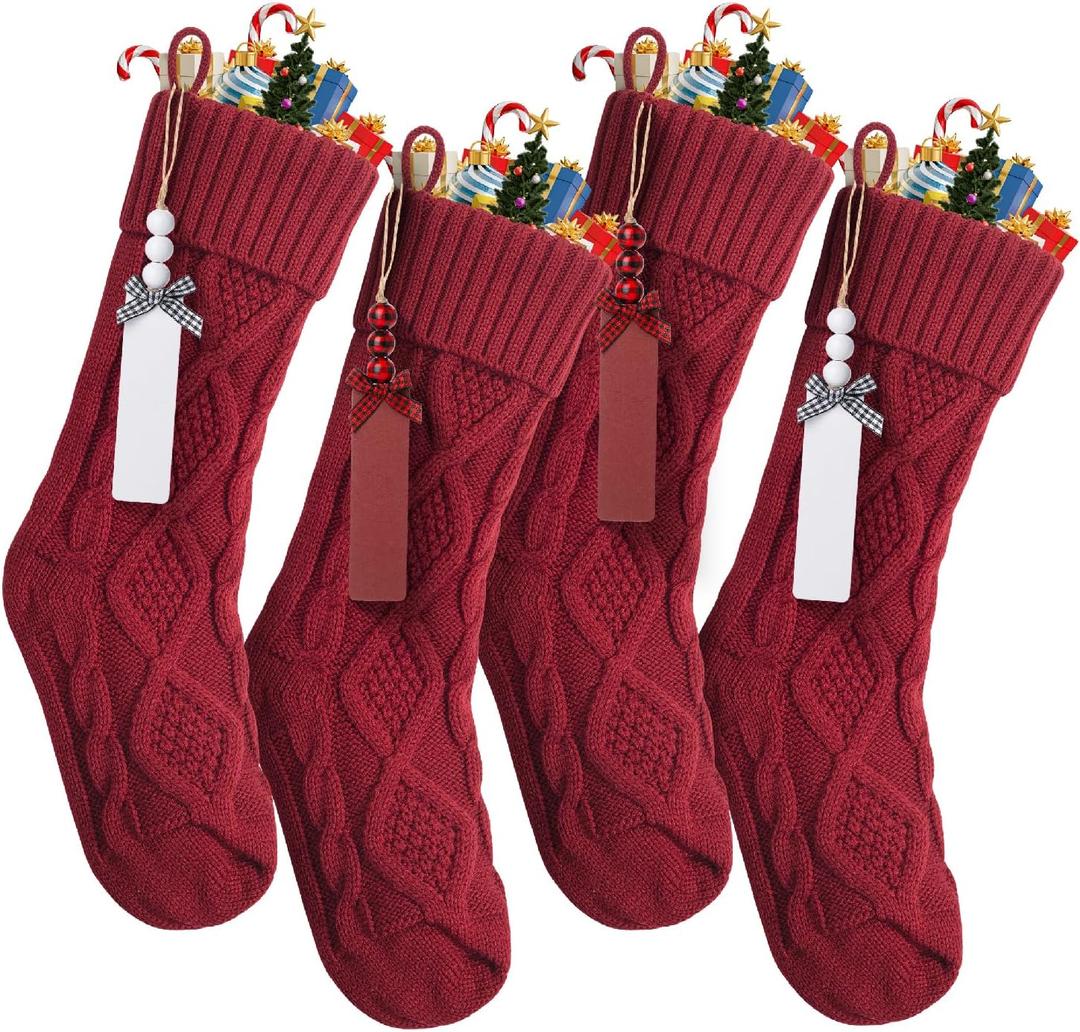 Mr. Pen- Personalized Christmas Stockings with Wooden Name Tags, Set of 4, 18" Red Cable Knit Stockings for Christmas