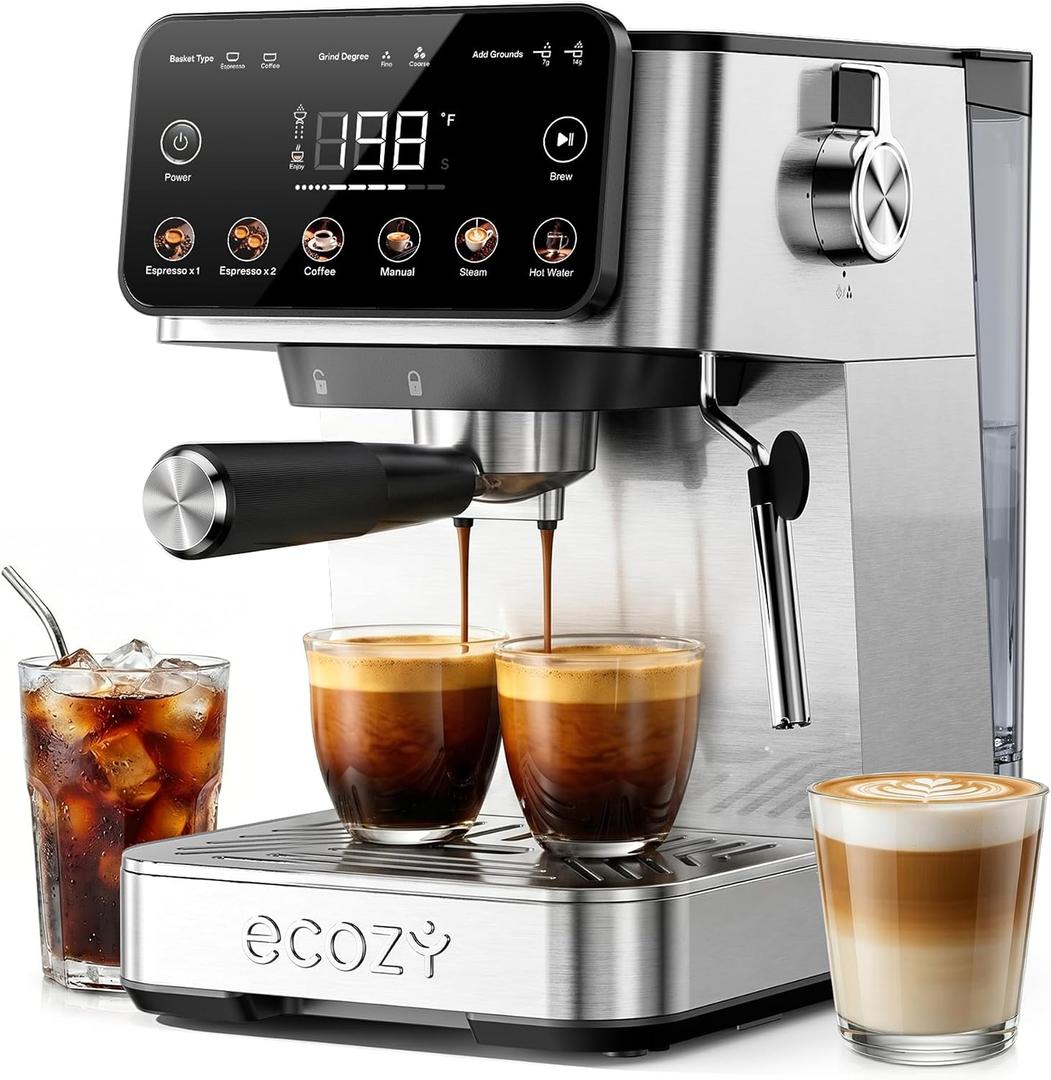 ecozy 2-in-1 Espresso Machine with Milk Frother, Guided Touchscreen