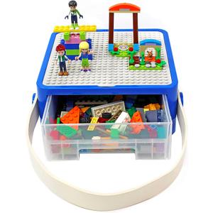 Bins & Things Storage Bin Organizer Box - Toy Storage Case for Building Blocks, Small Dolls and Accessories - Kids Toy Suitcase with Baseplate Lid - Mess-Free Organizer for Travel and Playroom (Blue_white)