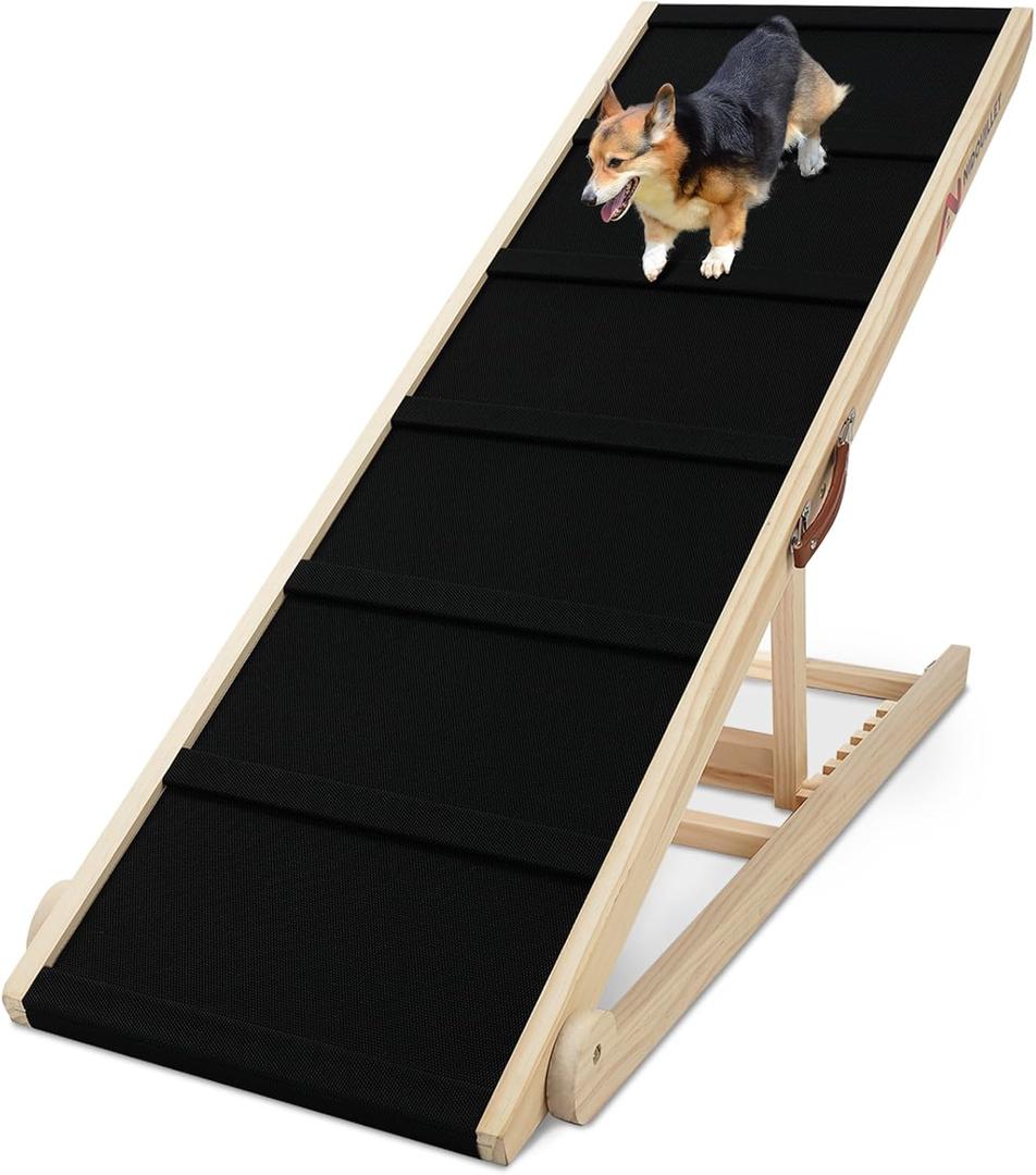 Nidouillet Dog Ramp for Bed, 47.2" Long Wooden Foldable Dog Ramp, 6 Adjustable Heights from 15.7" to 27.6" with Anti-Slip Rubber Mat, Portable Pet Ramp for Car, Bed, Couch, Max 200lbs (L: 47.2inch with Base & Rubber Mat)