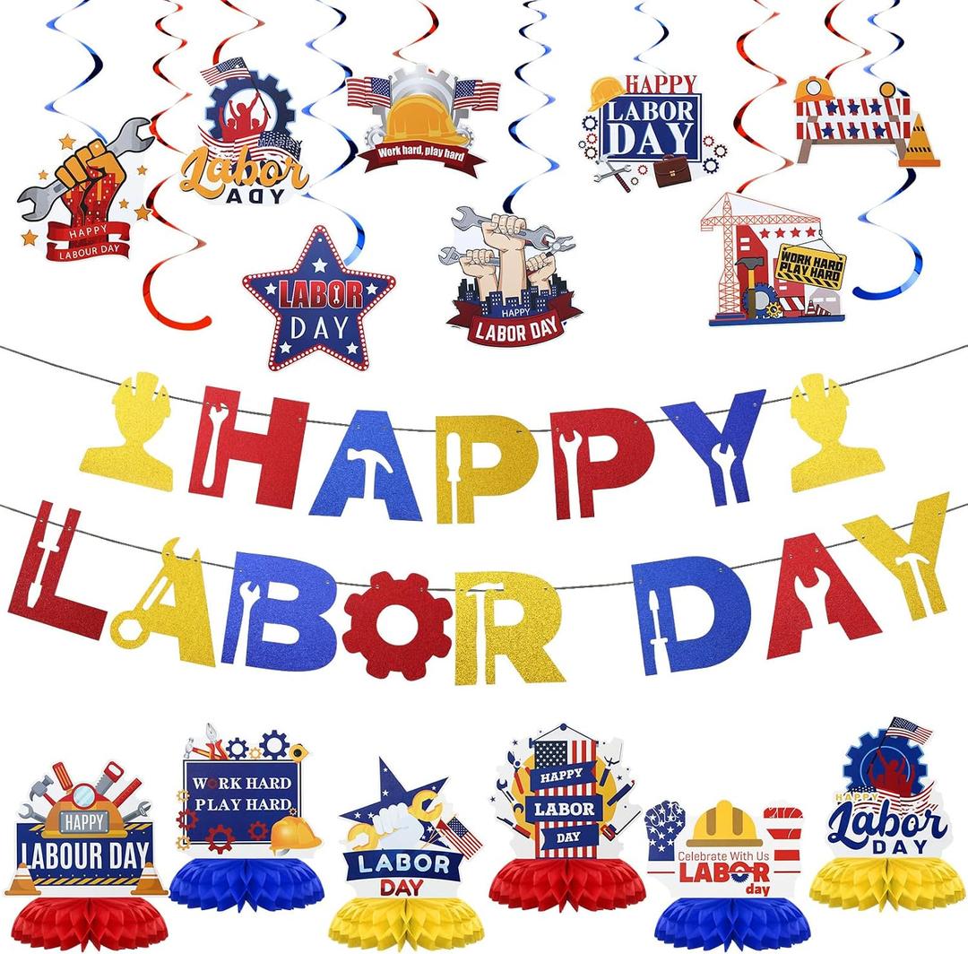 Lenwen 48 Pcs Happy Labor Day Decors Set with Labor Day Banner 3D Honeycomb