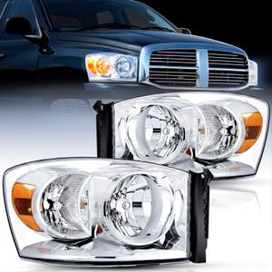 Nilight 2007 2008 2009 Dodge Ram Headlight Assembly 2 Pack Compatible with 2006-2008 Dodge Ram 1500 2006-2009 Dodge Ram 2500 3500 Headlamp Replacement Driver and Passenger Side (Chrome Housing +Amber Reflector)