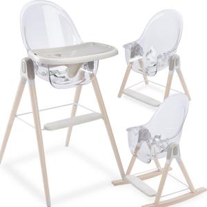 Primo Vista 3-in-1 Convertible High, Toddler, & Rocking Chair, Clear, Transparent Seat, Grows with Child, Modern Style, Adjustable Wooden Legs, Easy to Use, Assemble, Safe & Sturdy, 21.5 x 25 x 40.5"