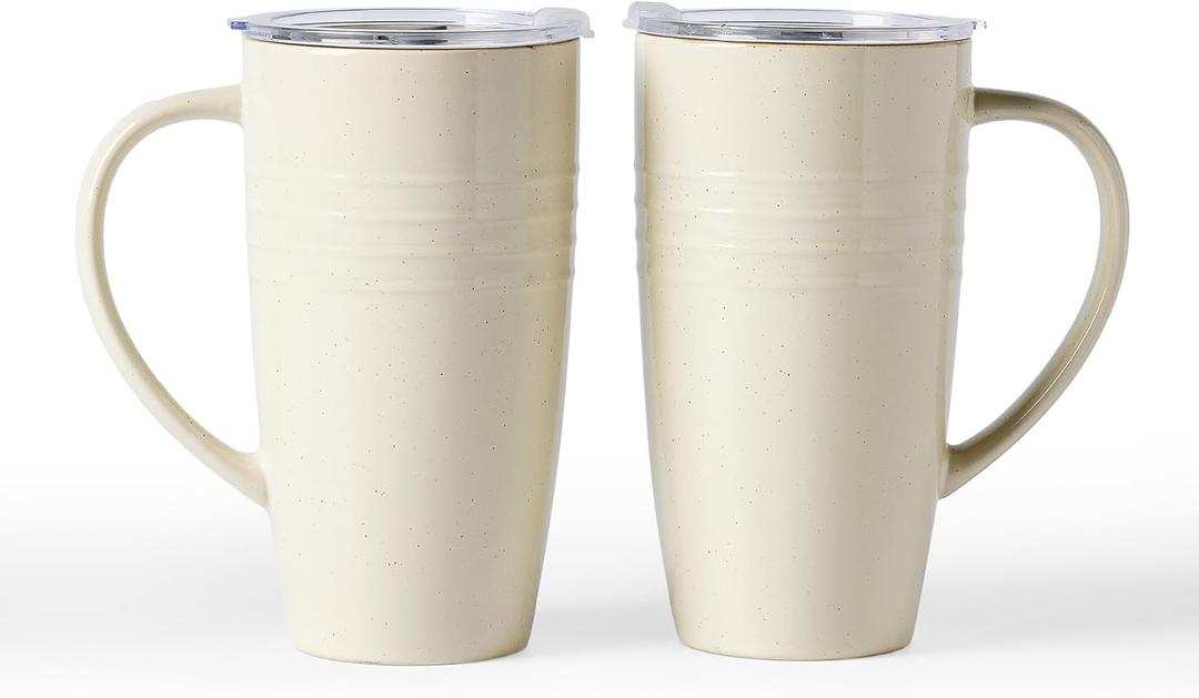 famiware Jupiter Large Coffee Mug, 20oz Coffee Mug with Lid, Ceramic Mugs Set of 2, Cup Set with Handle for Latte, Tea, Cocoa, Milk, Home & Office, Microwave and Dishwasher Safe, Vanilla White