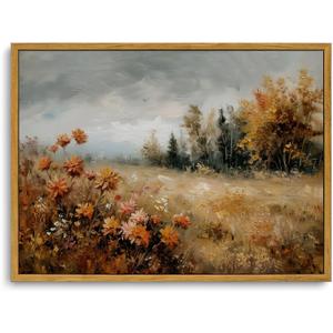 KISSFOX Vintage Framed Wall Art Decor Modern Farmhouse Fall Landscape Pictures Paintings Wall Decor Rustic Autumn Leaves Canvas Art Prints Nature Countryside Artwork For Bedroom Kitchen Living Room (16x24 in)