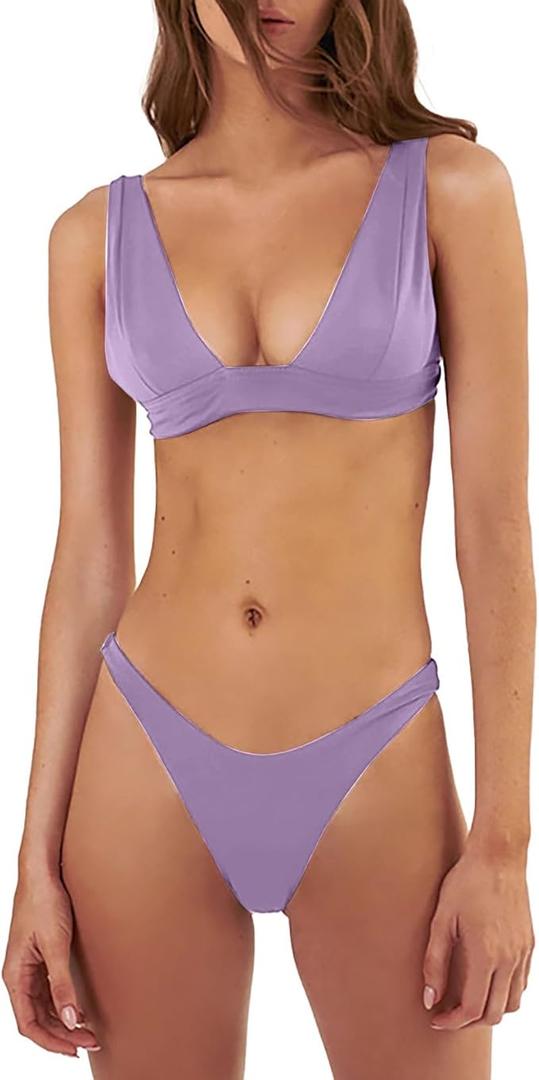 Generic Women's Sexy Two Piece Swimwear Triangle Plunging Neck Push Up High Cut Cheeky Thong Bikini Set Solid Color Swimsuit, S