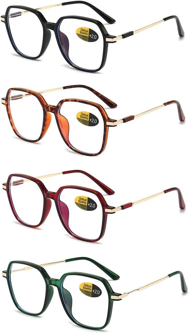 4 Pack oversized Reading Glasses Blue Light Blocking for Women Men Computer Readers Fashion Eyeglasses