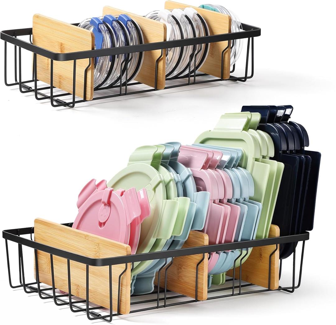 2-Pack Adjustable Lid Organizers - Large Kitchen Cabinet Organizer for Food Storage Container and Tumbler Cup Lids with 6 Bamboo Dividers - Organizers in Kitchen/Pantry/Laundry Room(Size:S+L)