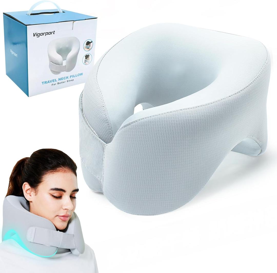Vigorport Neck Pillow for Traveling, 360 Head Support 2 in 1 Upgraded Travel Pillows for Airplane, 100% Pure Memory Foam Pillow for Flight Headrest Sleep, Portable Plane Accessories (1, Gray)
