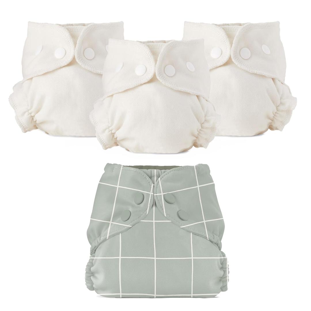 Esembly Cloth Diaper Bundle Set - 3 Organic Cotton Absorbent Inners and 1 Waterproof Outer Diaper Cover - Reusable, Washable, Snap Closure Cloth Diapers - Size 1 (7-17lbs), Lattice