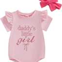 FYBITBO Daddys Little Girl Baby Outfit Ruffle Short Sleeve Shirt Onesie Bubble Romper Daddys Girl Clothes with Headband (Pink)