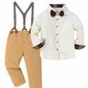 DISAUR Boy Formal Suits Wedding Outfit Long Sleeve Button Down Dress Shirt Bow Tie Suspender Pants Gentleman for 7-8 Years