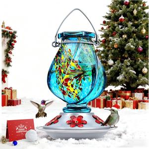 BOLITE Hummingbird Feeder, Hand Blown Glass Hummingbird Feeders for Outdoors Hanging, with Ant Moat and 5 Feeding Ports, 22 Ounces, Blue, Birthday Gifts for Women Men, Gifts for Mom Dad