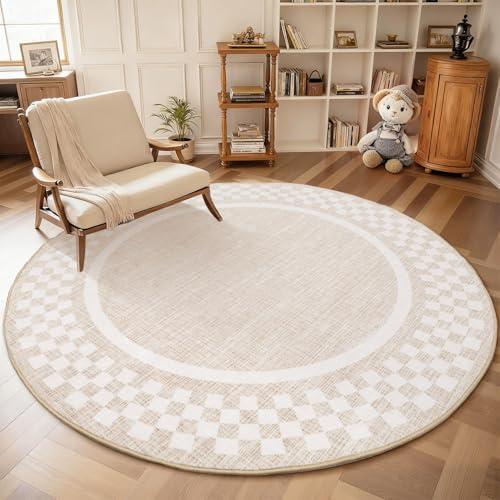 6ft Washable Round Rug for Entryway Modern Checkered Bedroom Circle Rug Non Slip Soft Dining Room Round Throw Carpet Large Stain Resistant Border Round Rugs for Living Room Kitchen Bathroom, Beige