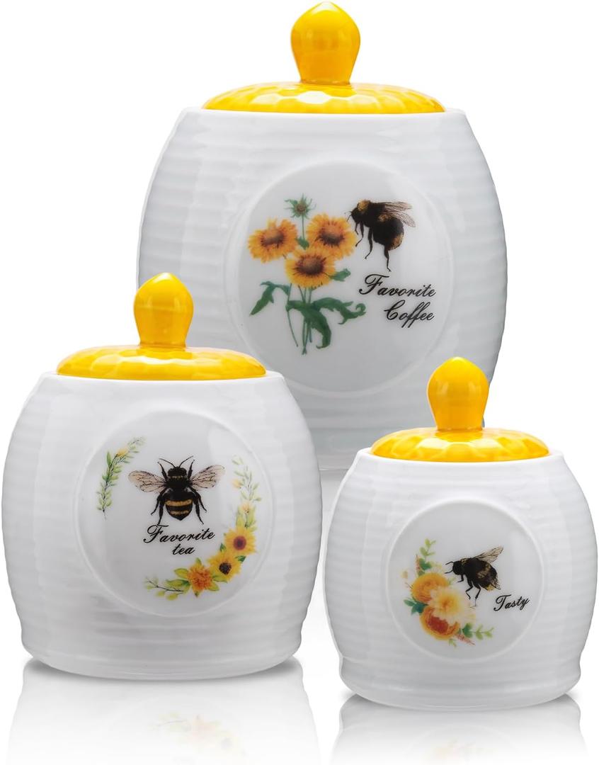 Kitchen Storage Canisters Honey Bee & Flower Pattern Ceramic Tea Coffee Sugar Canisters Set Storage Jar with Airtight Lid for Home Modern Kitchen, Set of 3