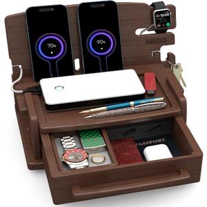 MED Wood Phone Docking Station with Drawer  Nightstand Desk Organizer  Desk Organizer for Husband - Birthday Gifts for Men, Dad, Anniversary Idea, Key Holder Stand Watch & Accessories (Dark Walnut) (Model 3)