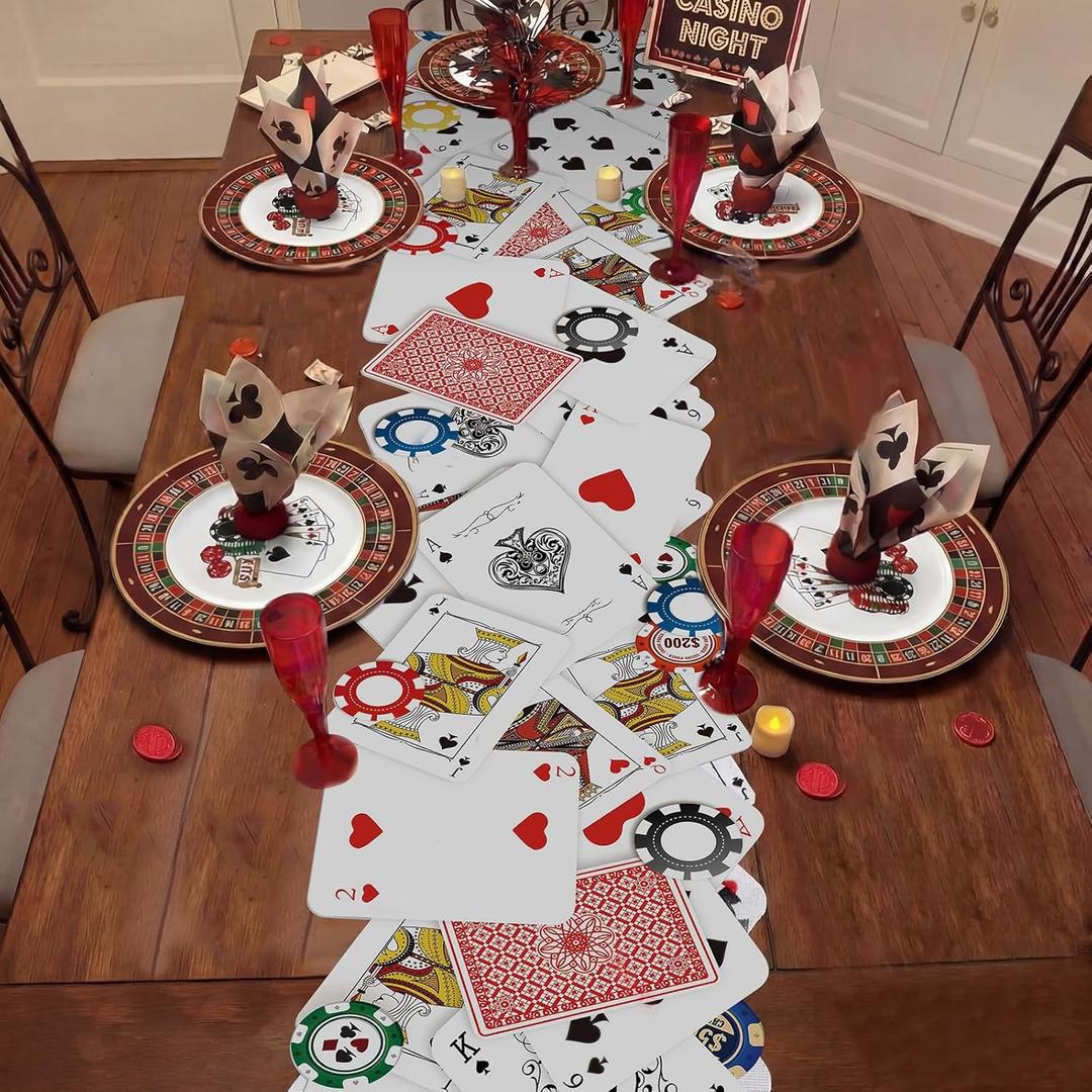 Yinkin Casino Theme Party Decorations Linen Poker Chip Table Runners 70 x 12 Inch Las Vegas Night Theme Decorations Table Runners for Casino Parties Birthday Bachelorette Playing Card Party Supplies