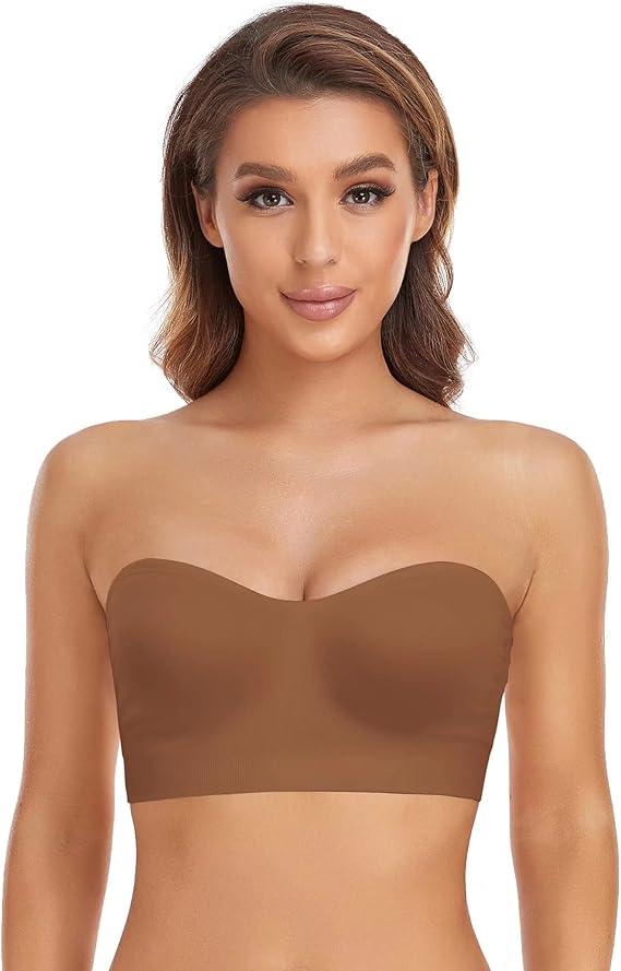 Lusait Strapless Bra for Women Non-Slip Silicone Padded Bandeau Bra Wireless Tube Top Bralette 2 packs size S Brown & Black