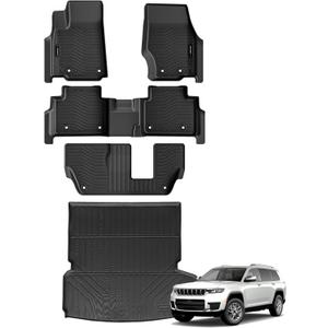 Auxko All Weather Floor Mats & Cargo Mat & Backrest Mat Fit for Jeep Grand Cherokee L 7 Seat (2nd Row Bench Seat) 2025-2021 Liner Trunk Mat Accessories Odorless Black