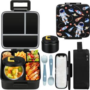 MAISON HUIS Bento Lunch Box with 8oz Soup Thermo, 5-Compartment Leak-Proof Container, Thermo Hot Food Jar and Insulated Lunch Bag, BPA Free,Travel, School (Black-Astronaut2)
